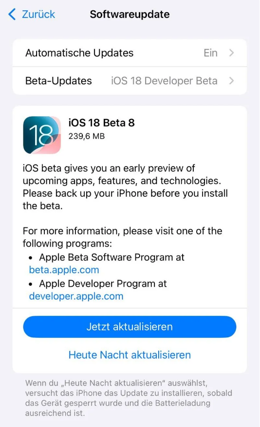 波莲镇苹果手机维修分享苹果 iOS / iPadOS 18 开发者预览版 Beta 8 发布 
